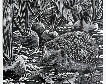 Hedgehog in vegetable garden Linoprint