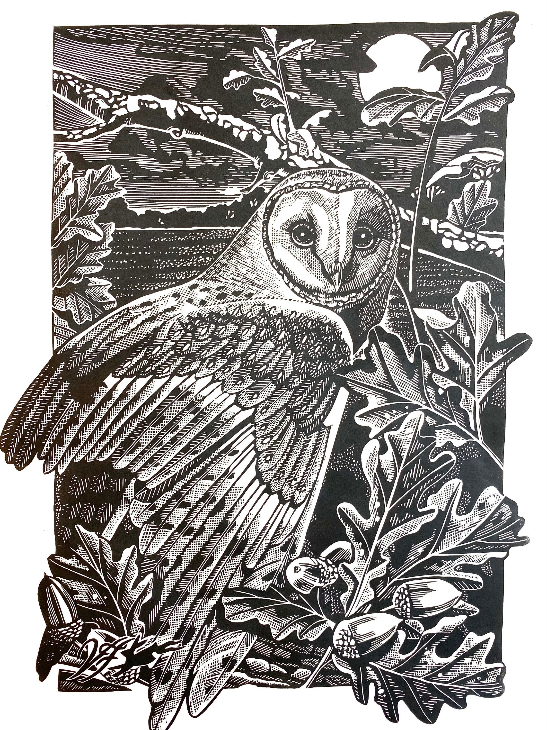 Barn owl Linoprint