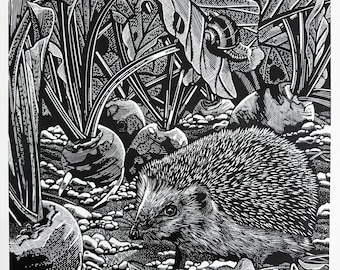 Hedgehog in vegetable garden Linoprint