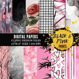 Black And Pink Paper Pack 12&quot;x12&quot; | Printable Paper | Girly Paper | Papers For Crafts | Instant download | Background Pattern