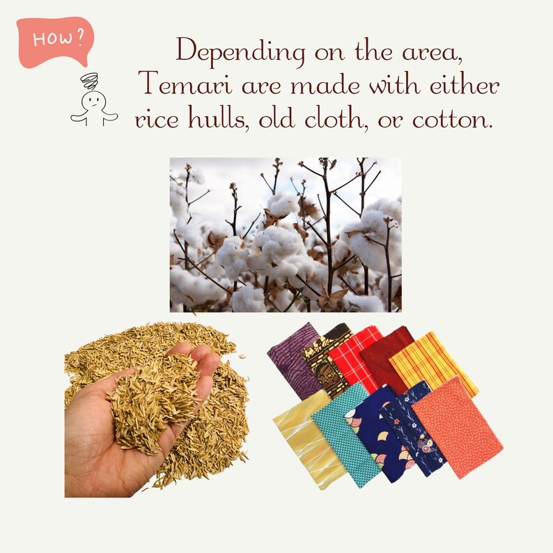 May include: Close-up of various materials used to make Temari, a traditional Japanese ball. The materials include rice hulls, cotton, and colorful fabric scraps.