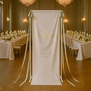 Personalised Wedding Linen Fabric Welcome Sign with or without Chiffon Ribbon, Eyelets & Stand - English Country Cottage Collection Gold