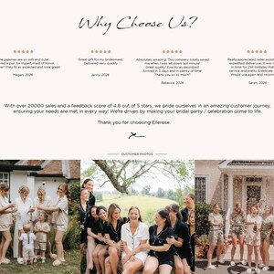 May include: A webpage with the text "Why Choose Us?" and customer reviews. The page includes photos of groups of people, likely a bridal party, in matching pajamas. The reviews highlight the quality and service.