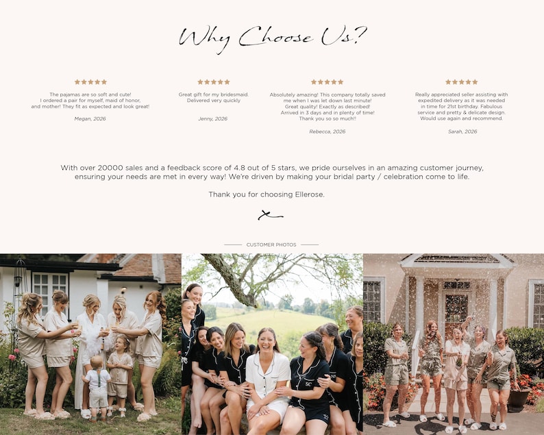 May include: A webpage with the text "Why Choose Us?" and customer reviews. The page includes photos of groups of people, likely a bridal party, in matching pajamas. The reviews highlight the quality and service.