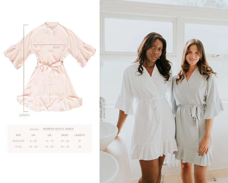 May include: Two women wearing white and light blue ruffle robes. The robes have a V-neck, a tie belt, and ruffled sleeves and hem. The image also shows a diagram of a similar robe with measurements in inches.
