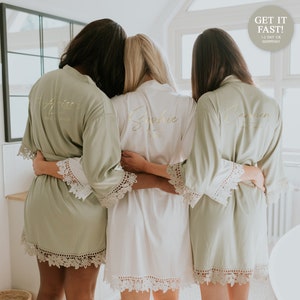 Personalised Large Name Bridal Robe Set Satin & Lace Wedding Robes Bride and Party Bridesmaids Bachelorette Squad Silky Soft Sage Green