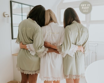 Personalised Large Name Bridal Robe Set Satin & Lace Wedding Robes Bride and Party Bridesmaids Bachelorette Squad Silky Soft Sage Green