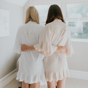 Personalised Large Name Bridal Robe Set Satin & Ruffled Wedding Robes Bride and Party Bridesmaids Bachelorette Squad Silky Soft Champagne image 2