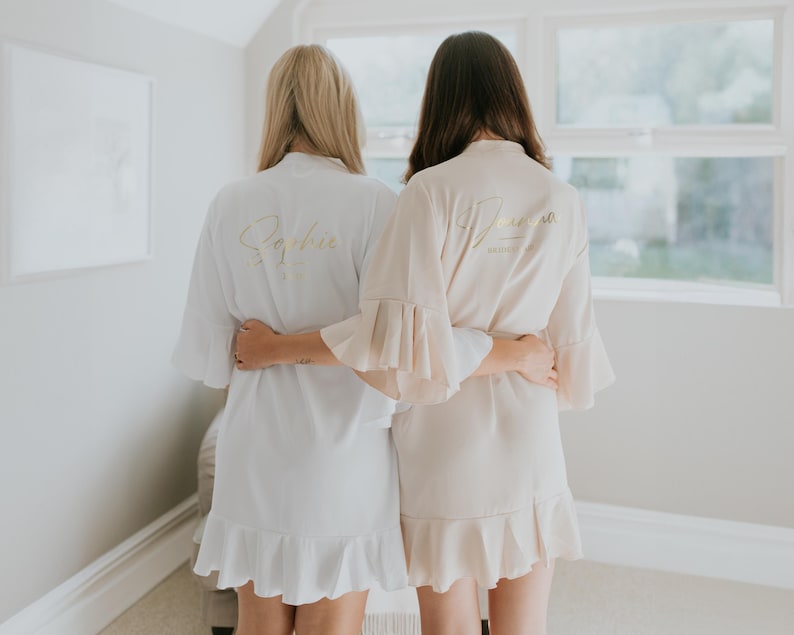 Personalised Large Name Bridal Robe Set Satin & Ruffled Wedding Robes Bride and Party Bridesmaids Bachelorette Squad Silky Soft Champagne image 2