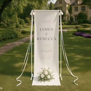 Personalised Wedding Linen Fabric Welcome Sign with or without Chiffon Ribbon, Eyelets & Stand - English Country Cottage Collection Ivory