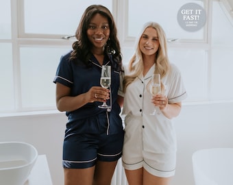 Personalised Bride / Bridesmaids Bridal Party Pyjamas Satin Wedding Pyjama Set Bride and Bridal Squad Silky Soft Navy Blue