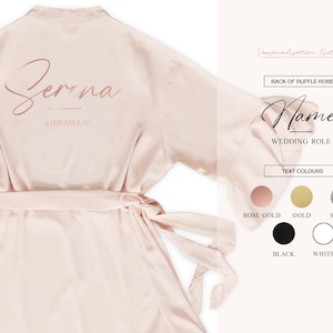 May include: A light pink satin ruffle robe with the name "Serena" and the word "Bridesmaid" printed on the back in rose gold. The robe has a matching belt and a selection of text colors.