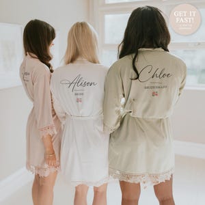 Personalised Large Floral Name Bridal Robe Set Satin & Lace Wedding Robes Bride and Bridal Party Bridesmaids Bachelorette Squad Sage Green