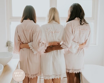 Personalised Large Name Bridal Robe Set Satin & Lace Wedding Robes Bride and Party Bridesmaids Bachelorette Squad Silky Soft Blush