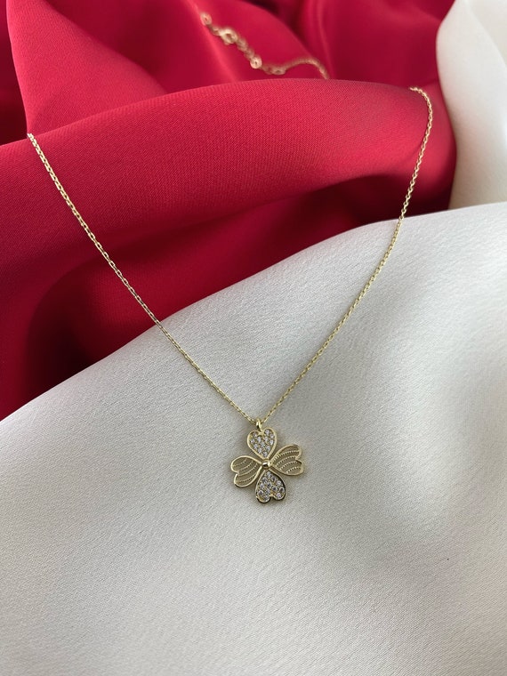 Tiny Four Leaf Clover Necklace Gold Shamrock Necklace 14k 