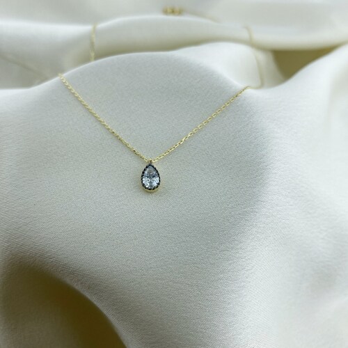 14K Gold Green Tiny Tear Shape Necklace, 14K Solid Gold Silver Color Drop Necklace, Emerald shops Green Drop Necklace, Mother's Day Gift