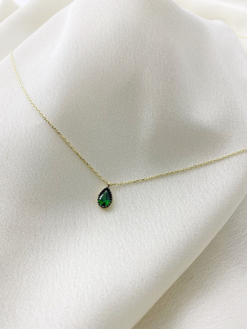 14K Gold Green Tiny Tear Shape Necklace, 14K Solid Gold Silver Color Drop Necklace, Emerald shops Green Drop Necklace, Mother's Day Gift
