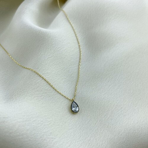 14K Gold Green Tiny Tear Shape Necklace, 14K Solid Gold Silver Color Drop Necklace, Emerald shops Green Drop Necklace, Mother's Day Gift