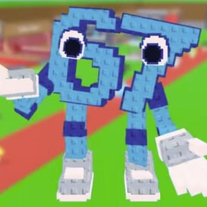 May include: A digital rendering of the number 67 as a cartoon character. The character is primarily blue with white accents, including large eyes and blocky hands and feet. It stands on a green surface with a red path in the background.