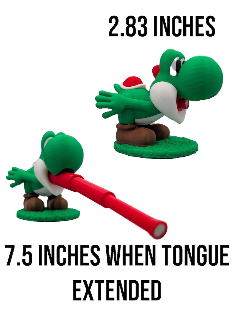 Puede incluir: Figura verde de Yoshi con la lengua roja extendida, que mide 19 cm. La figura mide 7,2 cm de alto. La figura tiene vientre blanco, zapatos marrones y caparaz&oacute;n rojo. El texto en la imagen dice "2.83 INCHES" y "7.5 INCHES WHEN TONGUE EXTENDED".