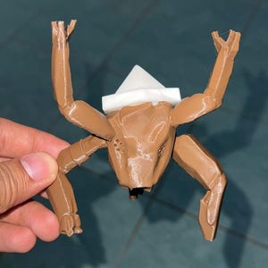 May include: A brown, 3D-printed insect-like figurine with a white headpiece. The figurine has multiple articulated limbs and a detailed, textured body. The arms are raised, and the legs are bent.