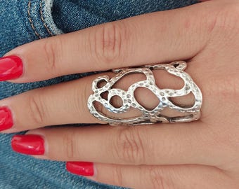 Filigree Ring, Long Silver Ring, Hollowed Ring, Christmas Gift, Modern Ring, Gothic Ring, Adjustable Silver Ring, Fancy Ring, Big Ring, RB55
