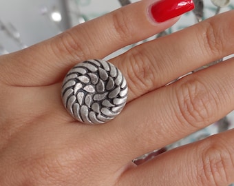 Silver Round Ring, Drop Curved Ring, Leafy Silver Ring, Boho Ring, Spiral Drops Ring, Adjustable Ring, Vintage Ring, Christmas Gift,RB114