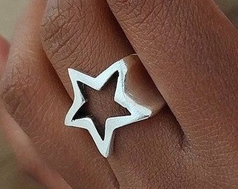 Anillo de estrella unisex, anillo de estrella de plata, anillo de estrella de declaración, anillo de estrella ajustable, anillo grueso chapado en plata de ley, anillo abierto, RB230