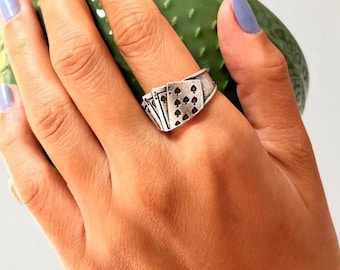 Zilveren pokerring, kerstcadeau, ring kaartspel, speelkaartsieraden, sterlingzilveren vergulde ring, verstelbare zilveren herenring, RB449