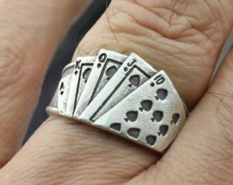 Silver Poker Ring, Card Game Ring, Deck Of Cards Ring, Playing Card Jewelry, Sterling Silver Plated Ring, Adjustable Silver Ring, RB449