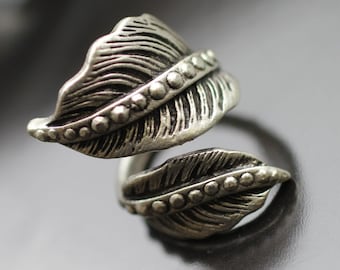 Wrapped Leaf Ring, Tropical Leaf Ring, Antique Silver Boho Ring, Silver Leaf Ring, Long Statement Ring, Floral Ring, Gift For Her, RB01