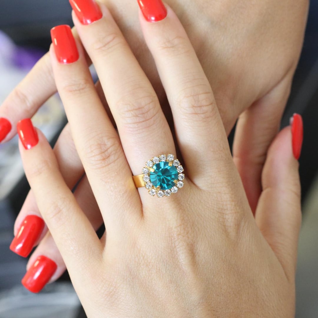 Blue Zircon Swarovski Crystal, Ring With Swarovski Stones, Fits