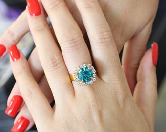 Blue Zircon Swarovski Crystal, Ring with Swarovski stones,  fits every style.modern style, Christmas Gifts, Gift for Her  fR158go-10sw
