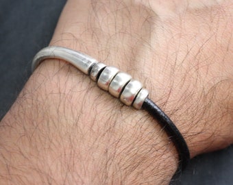 Half Cuff Bracelet, Hook Clasp Leather Bracelet, Unisex Black Leather Bracelet, Silver Cuff Bracelet, Leather Cuff Bracelet, BB51