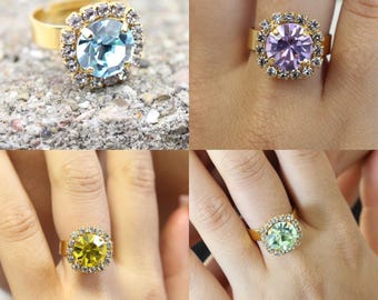 Swarovski Crystal Cocktail Ring: Adjustable Brass Wedding Band, Ring with Swarovski Crystal ,Christmas Gifts, Gift for Her, Birthday Gifts