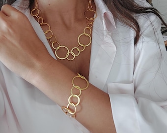 Gold-Tone chain Necklace with Round Links, Circle Chain Necklace, Celtic Necklace, Avant-Garde Necklace, Chirstmas Gift, Gift for Her,Zm1180