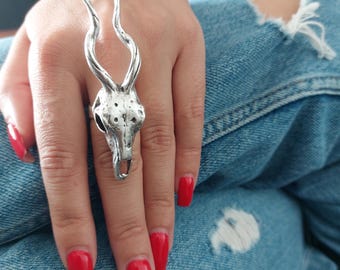 Adjustable Skull Ring, Antelope Skull Ring, Deer Skull Ring, American Bull Skull Ring, Animal Ring, Christmas Gift, Gothic Horn Ring RB57as