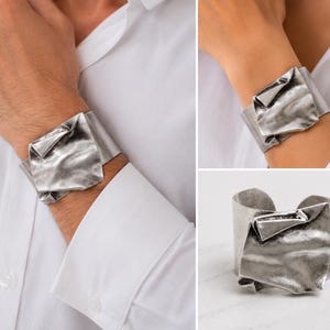 Brutalist Asymmetrical Cuff Bracelet, Sterling Silver Plated Cuff, Antique Statement Chunky Bangle, Modernist Jewelry, Christmas Gift, BB346