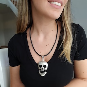 Happy Skull Pendant, Gothic Skull Pendant, Satanic Pendant, Sterling Silver Plated Pendant, Grim Reaper Pendant, Brutalist Pendant, PB79