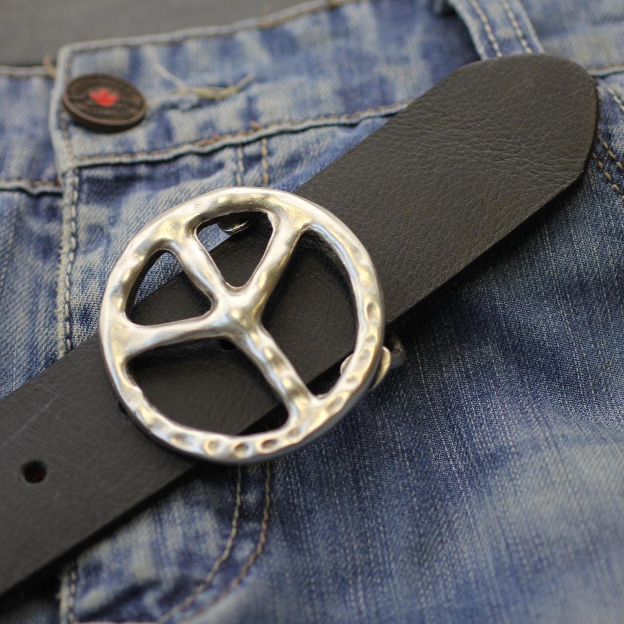 Peace Symbol Rhinestone Snap On Buckle Leather Belt 1.5\