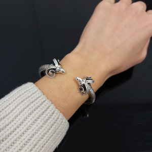 Ram Head Cuff Bracelet, Silver Ram Bracelet, Adjustable Ram Bracelet, Animal Cuff Bracelet, Baphomet Bracelet, Unisex Ram Bracelet, BB341