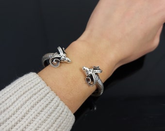 Ram Head Cuff Bracelet, Silver Ram Bracelet, Adjustable Ram Bracelet, Animal Cuff Bracelet, Baphomet Bracelet, Unisex Ram Bracelet, BB341