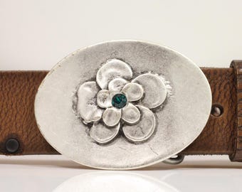 Flower Belt Buckle With Swarovski Crystal 1088, Floral Accessory, Flower Belt Pin, Boho Belt Buckle, Hippie Belt Buckle, GSB86