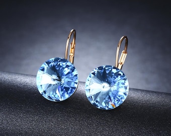 14mm Crystal Earrings, Swarovski Crystal Earrings, 60 Colour Options, Elegant Earrings, Round Stones Leverback Earring, Rhinestone Earrings