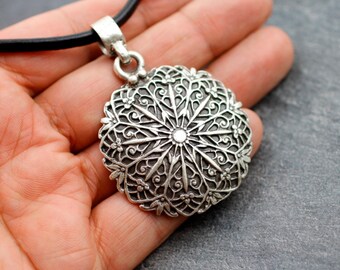 Big Silver Ornament Pendant Necklace, Ancient Celtic Pendant Design, Floral Necklace Supply, Boho Necklace DIY, Black Leather Pendant,PB2054