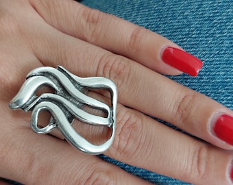 Silver Swan Ring, Fire Flame Ring, Wavy Shaped Ring, Flame Patterned Silver Ring, Adjustable Flame Ring, Unisex Flame Ring, Fire Ring, RB137