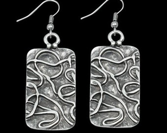 Rectangle Silver Earrings, Oriental Dangle Earrings, Statement Earring, Textured Earrings, Gift for Her, Celtic Long Earrings, EB1140