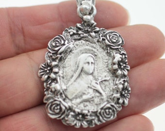 Sacred Virgin Mary Pendant: A Divine Token of Faith and Grace, Saint Therese necklace, Rose frame pendant, Religious accessories, PB92