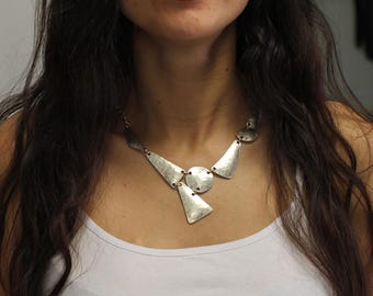 Geometric Necklace, Avant Garde Necklace, Deco Art Necklace, Bohemian Necklace, Silver Necklace, Bib Necklace, Fancy Necklace, CB64