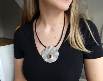 Unique Round Pendant with Bullet Hole: A Symbol of Resilience and Survival - Wear Your Story with Strength, Big Silver Pendant, PB99
